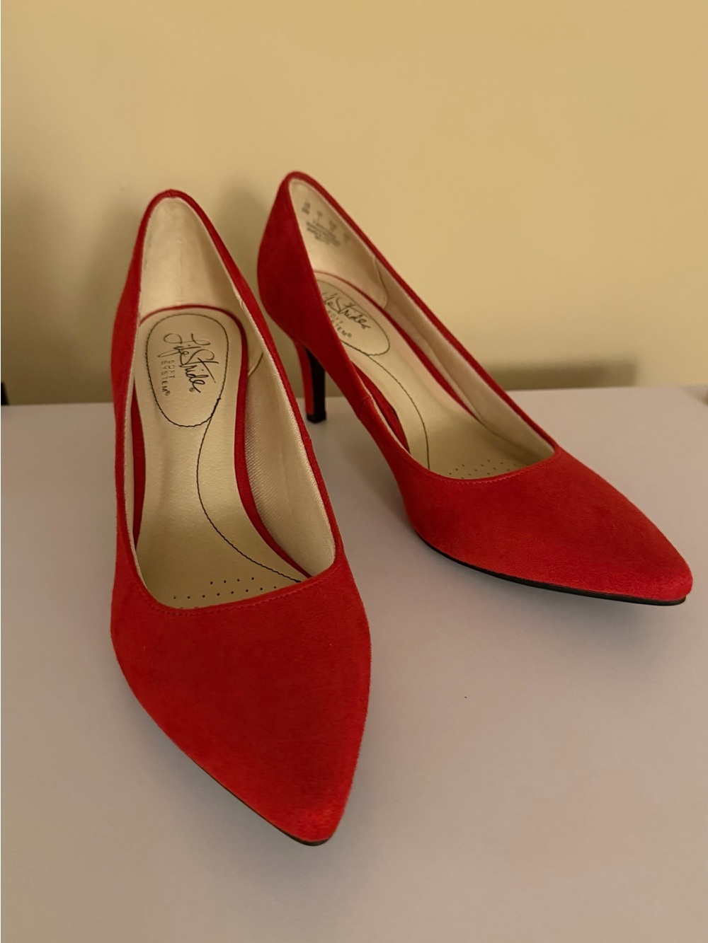 Red Pointed-Toe Suede Pumps